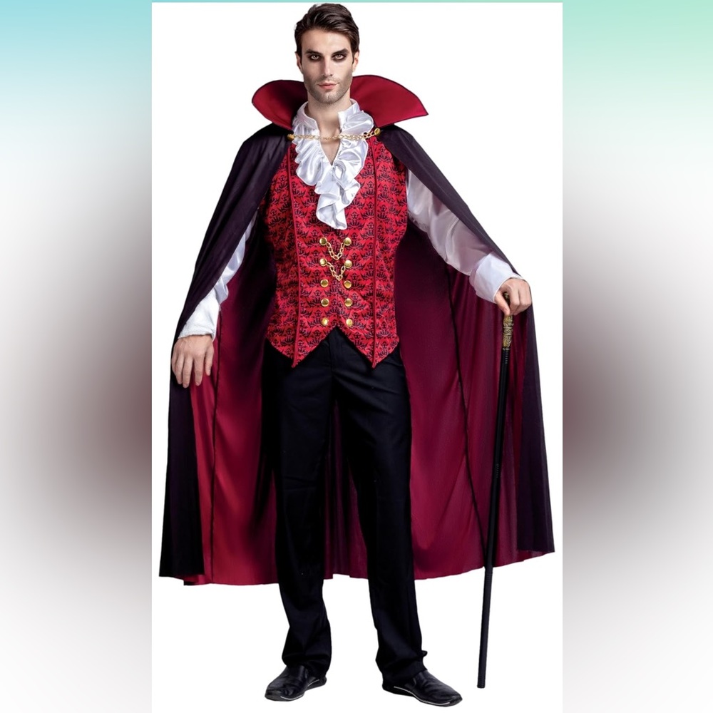 Adult Men’s Vampire Costume Halloween Renaissance Cape Shirt Cane Size XL